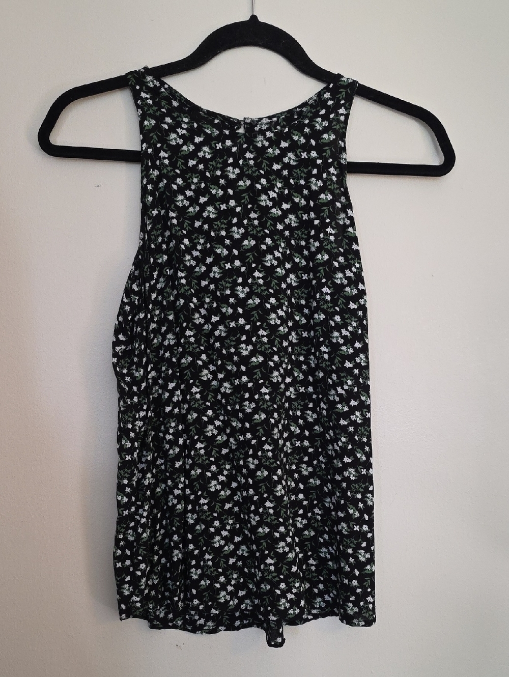 Black Floral Tank Top with White & Mint Flowers